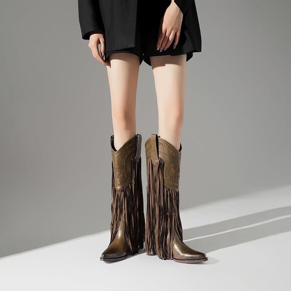 Women's Fashion Pointed Toe Chunky Pull On Knee High Heel Embroidered Brown Boot - Picture 7 of 8